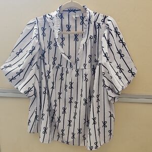 Cato White Blouse with Navy Bow-Stripe Print